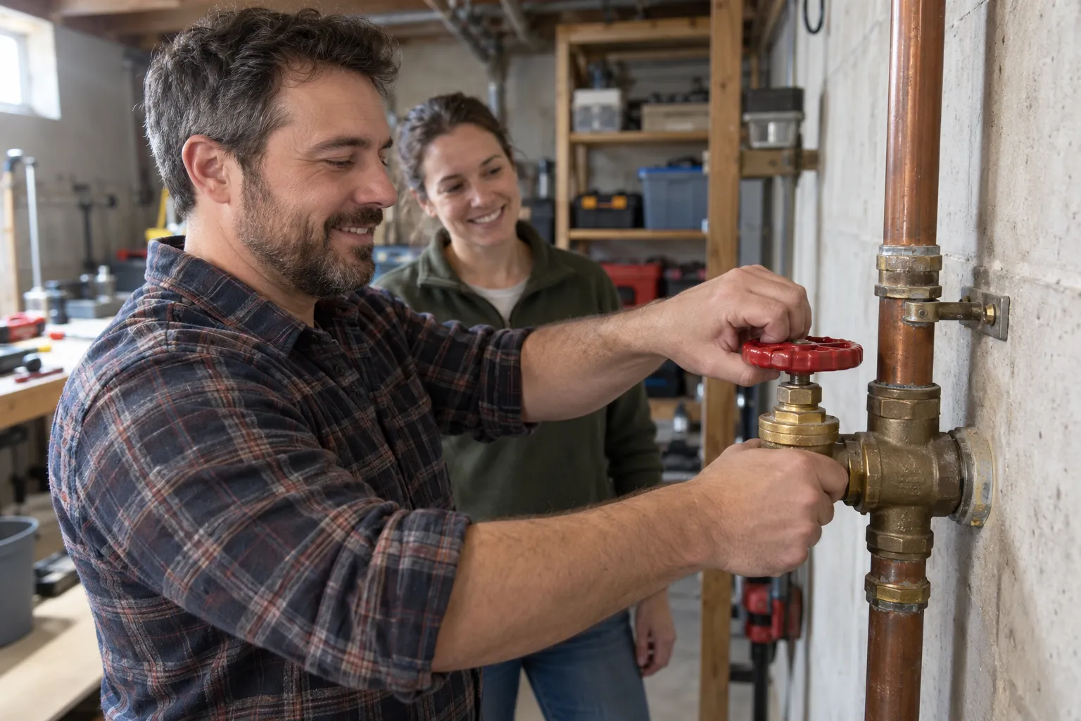 Homeowner turning the main water shutoff valve in a home near Trenton